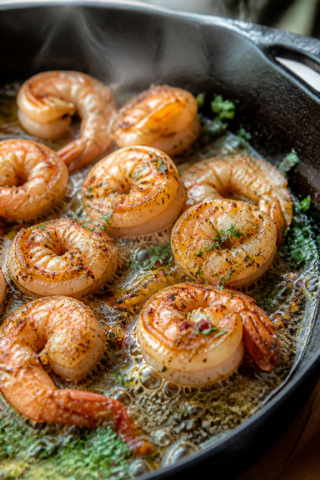 Close-up detail: Searing garlic butter shrimp in a skillet, shrimp just turned pink and opaque with 