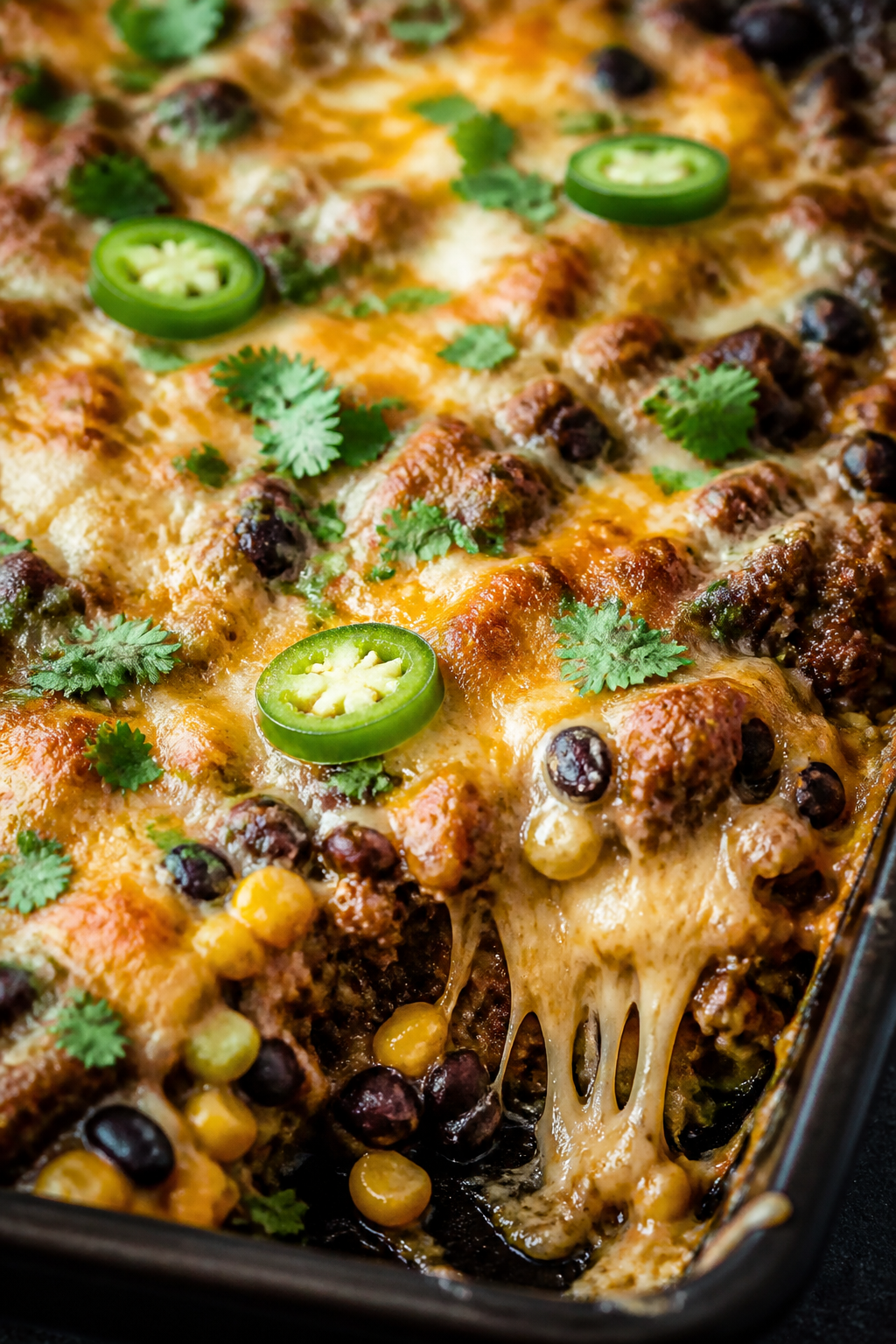 Close-up detail shot: A bubbling baked surface of the Ground Beef Taco Protein Casserole just out of