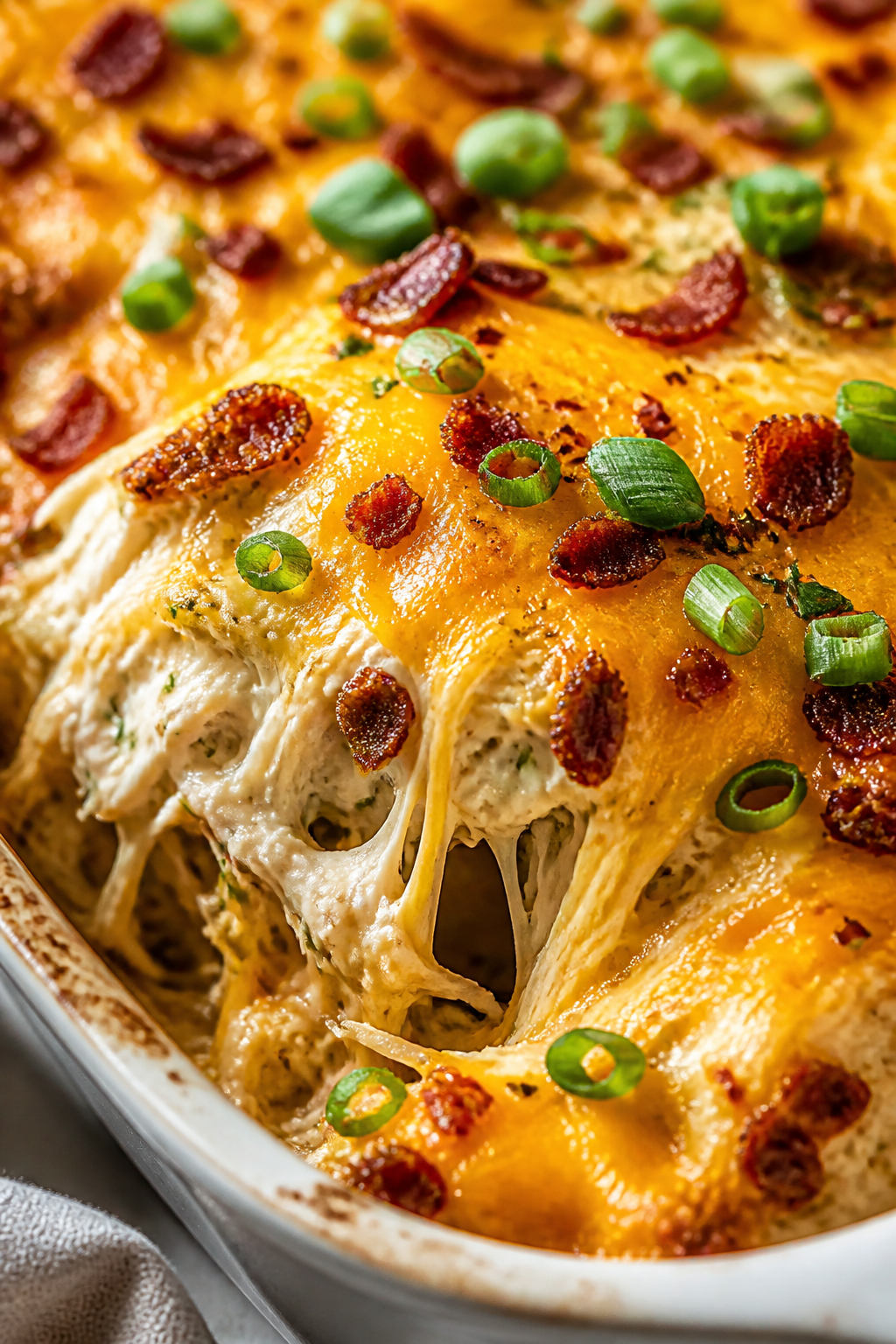 Close-up detail shot: A bubbling Keto Crack Chicken Casserole just pulled from the oven, showing mol