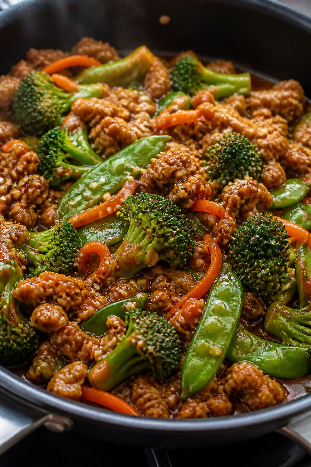 Close-up detail shot: Glossy ground turkey teriyaki simmering in a skillet, sauce just thickened and