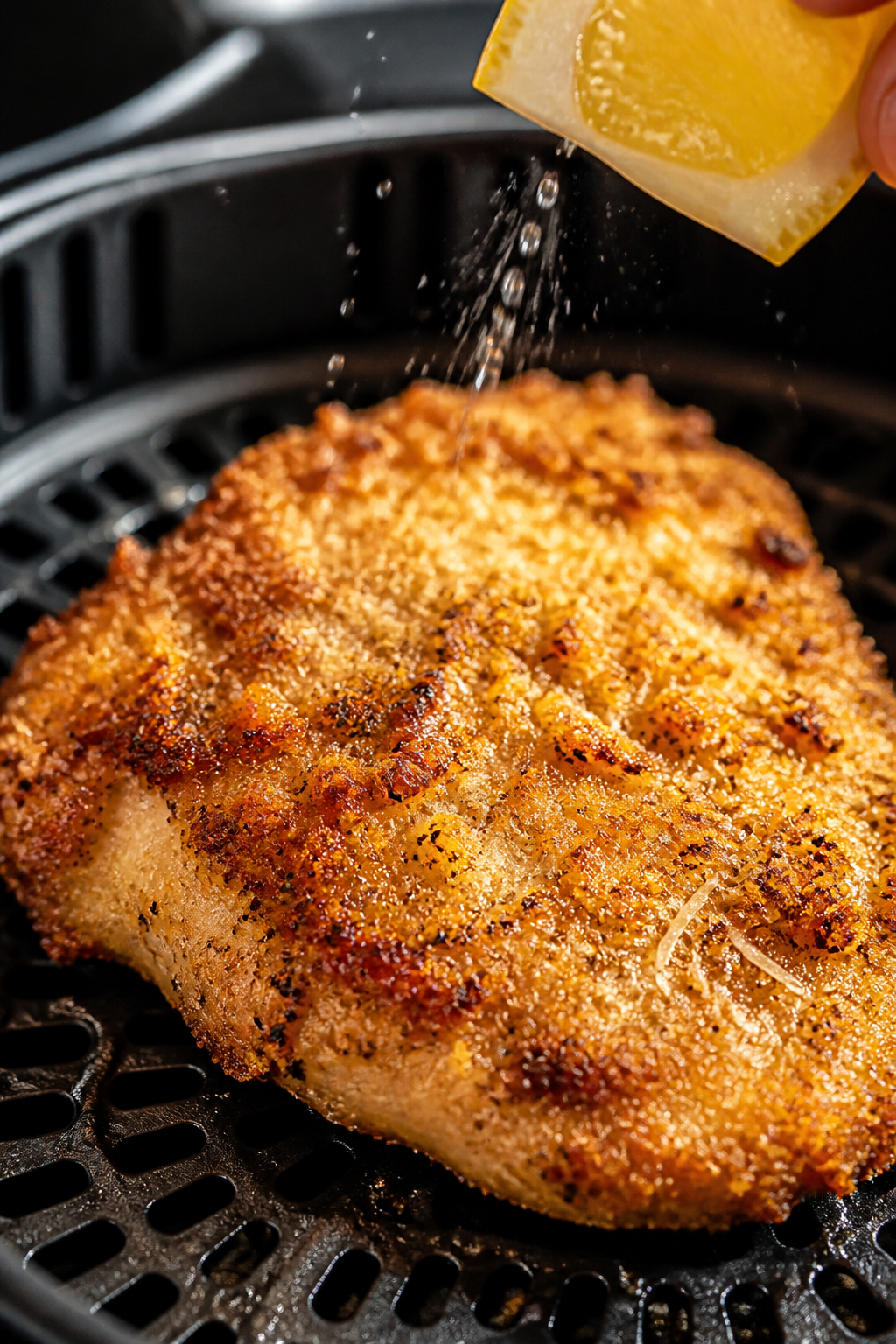 Close-up detail shot: golden-brown air fryer Parmesan-crusted chicken cutlet just out of the fryer b