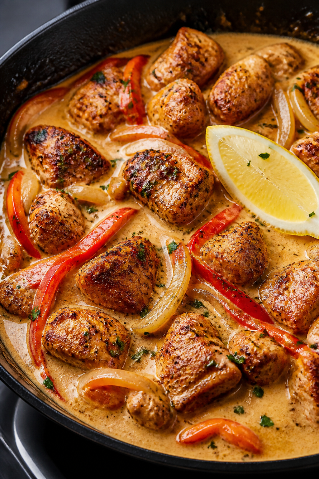 Close-up detail shot: Golden-browned Cajun-seasoned chicken bites simmering in a silky cream sauce i