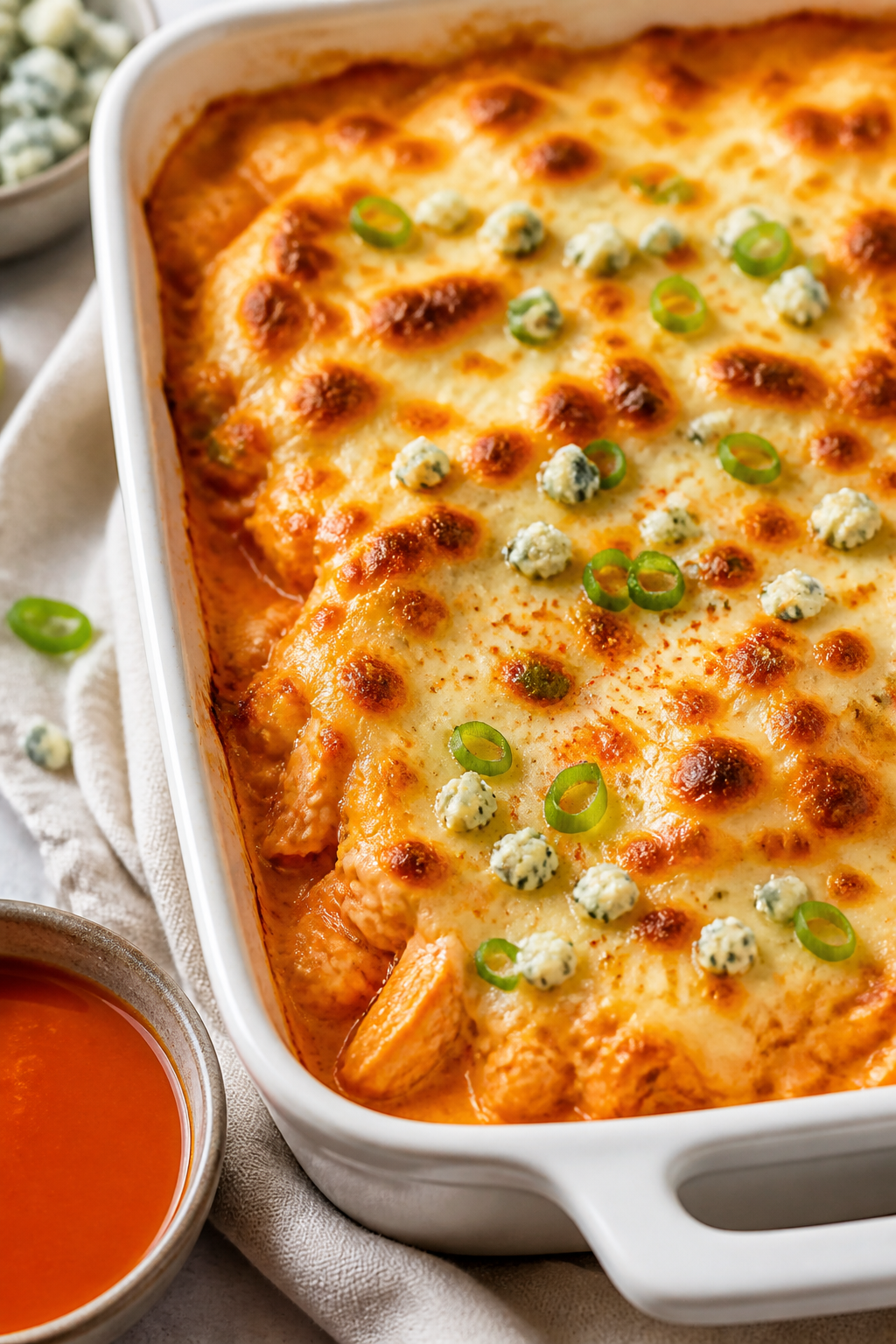 Close-up detail shot: Golden, bubbly top of a Cottage Cheese Buffalo Chicken Bake just out of the ov