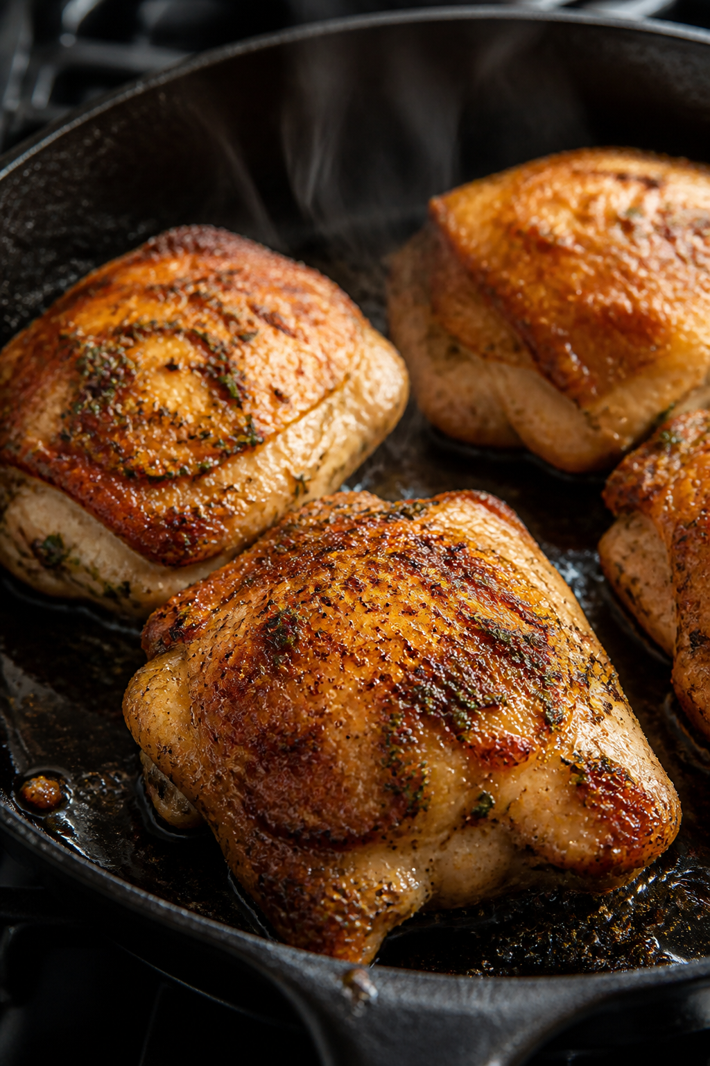 Close-up detail shot: Golden-seared garlic herb chicken pieces just after the flip in a cast-iron sk