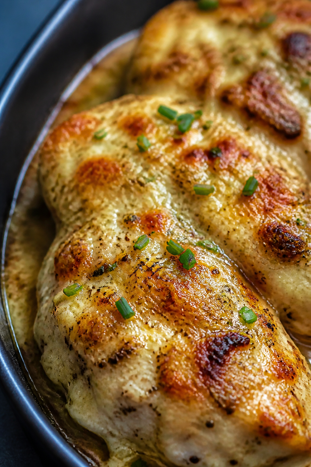 Close-up detail shot: Melt In Your Mouth Ranch Chicken just out of the oven, showing a bubbling, lig