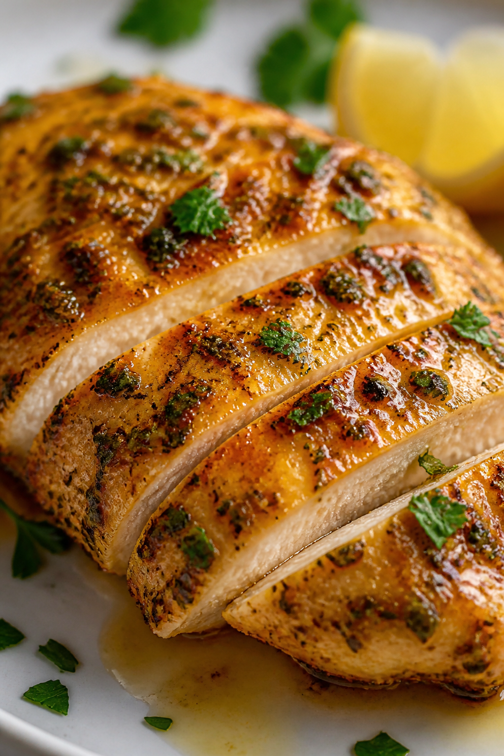 Close-up detail shot of air-fried lemon herb chicken breast just after resting: golden, lightly cris