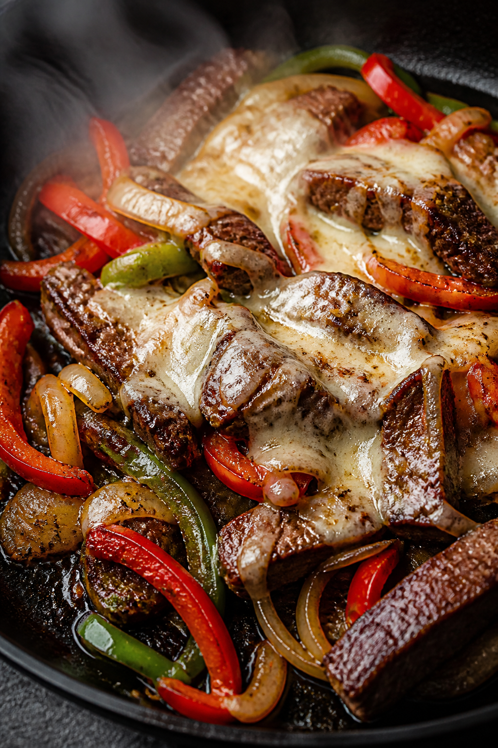 Close-up detail shot of sizzling seared steak strips tossed with sautĂŠed bell peppers and onions in