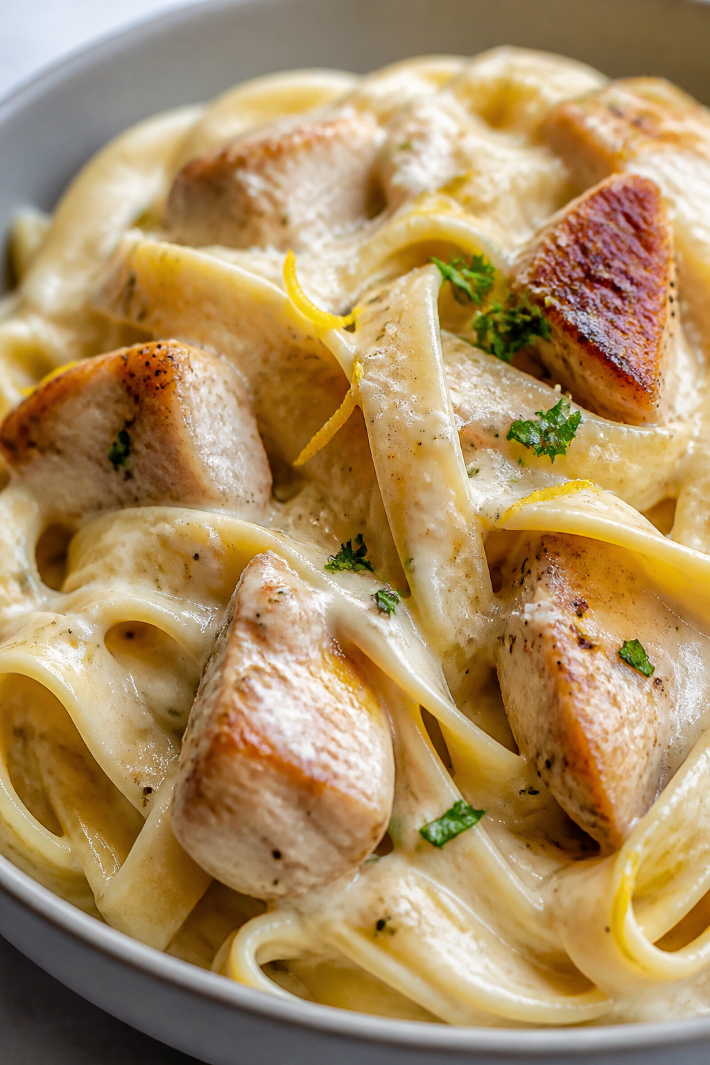 Close-up detail: Silky low-calorie Alfredo sauce clinging to al dente protein fettuccine, with juicy