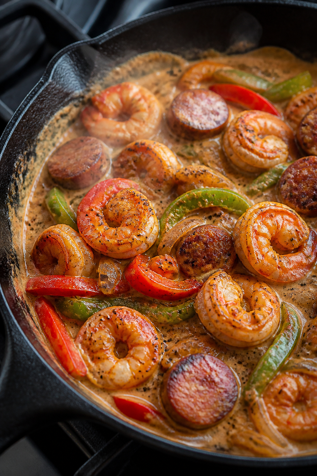 Close-up detail: Sizzling Cajun shrimp nestling into a creamy, paprika-tinted sauce in a black cast-