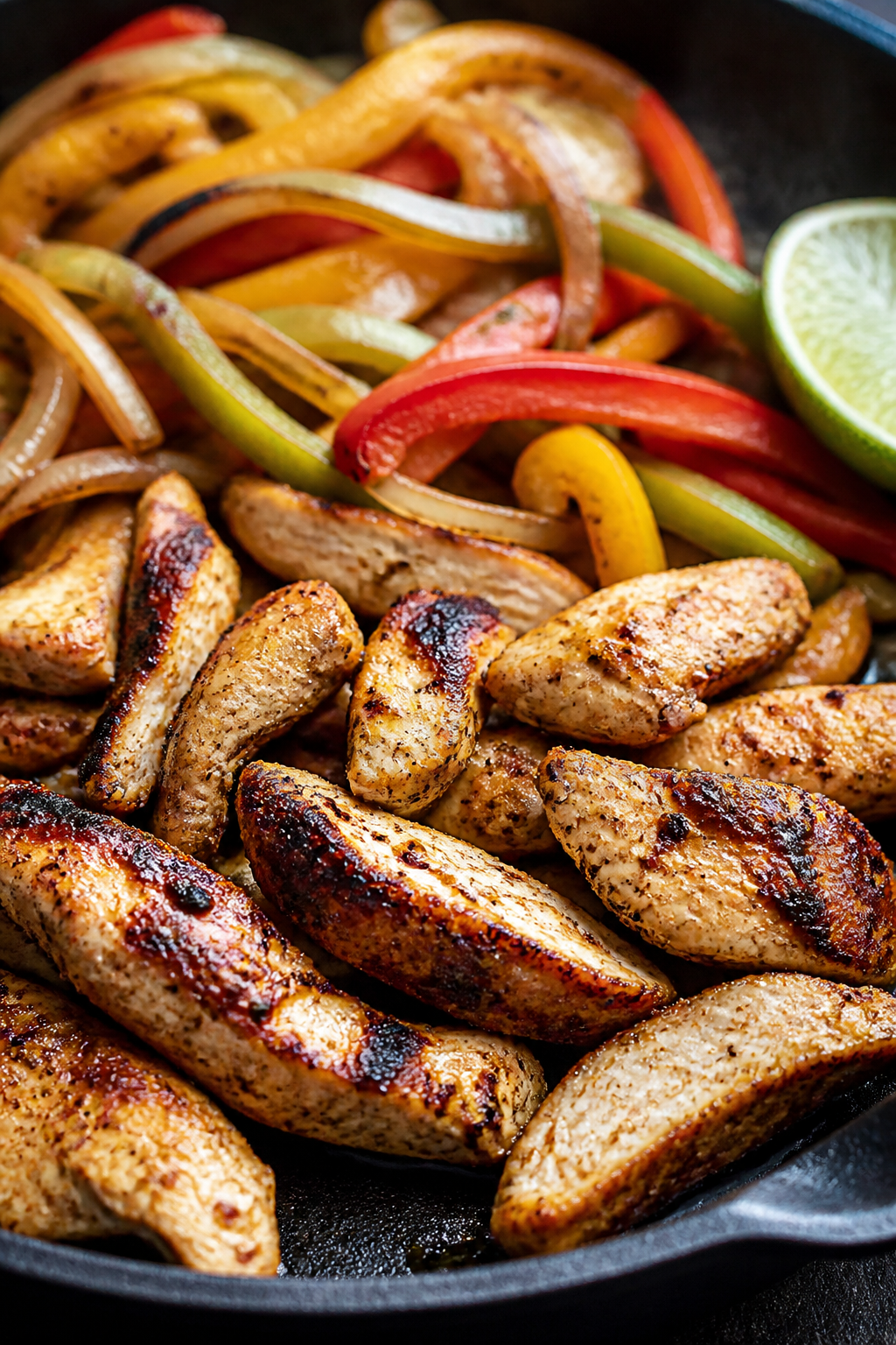 Close-up detail: Sizzling chicken fajita strips just off the skillet, lightly charred edges glisteni
