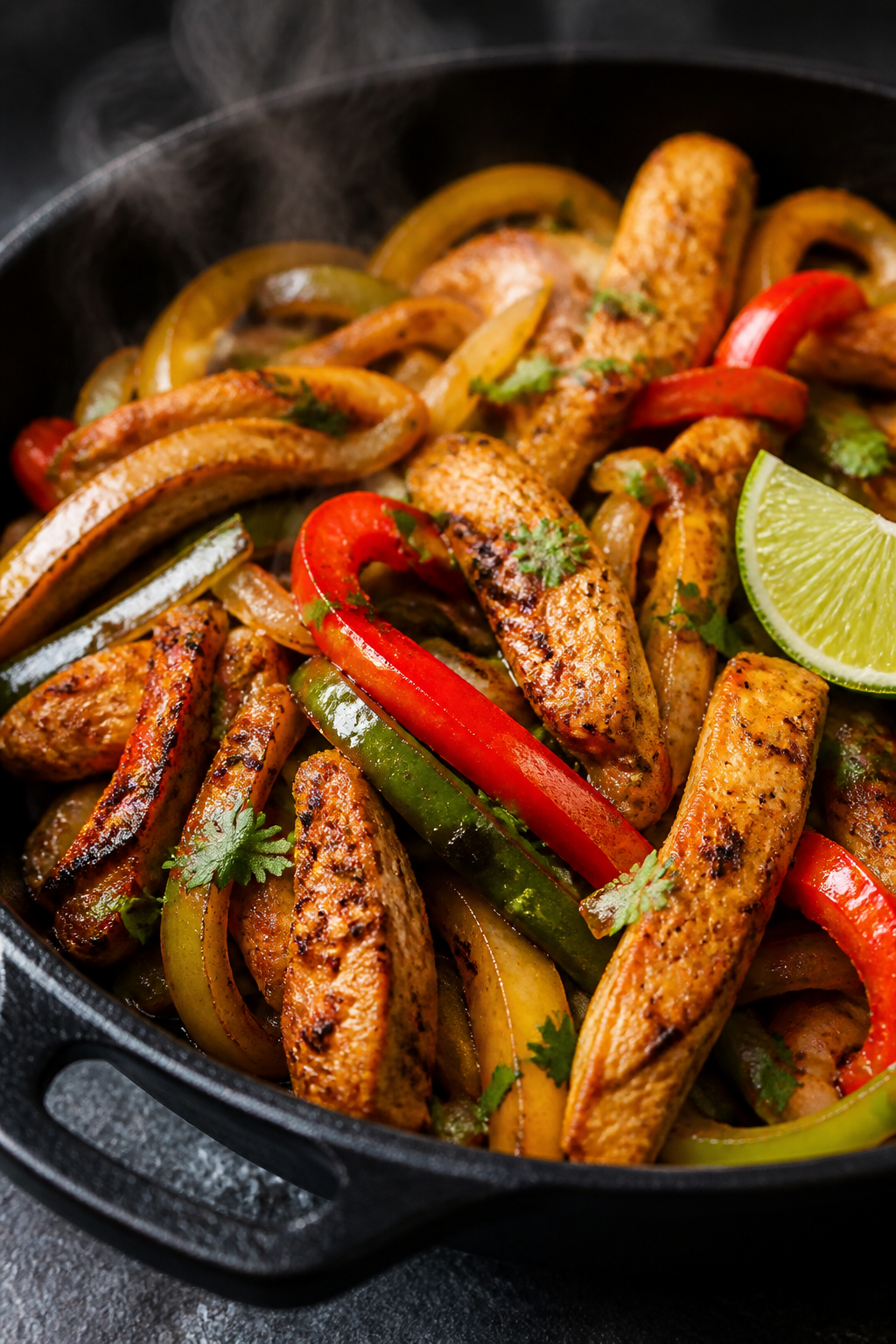 Close-up detail: Sizzling chicken fajitas in a cast-iron skillet mid-cook, showing browned, juicy ch