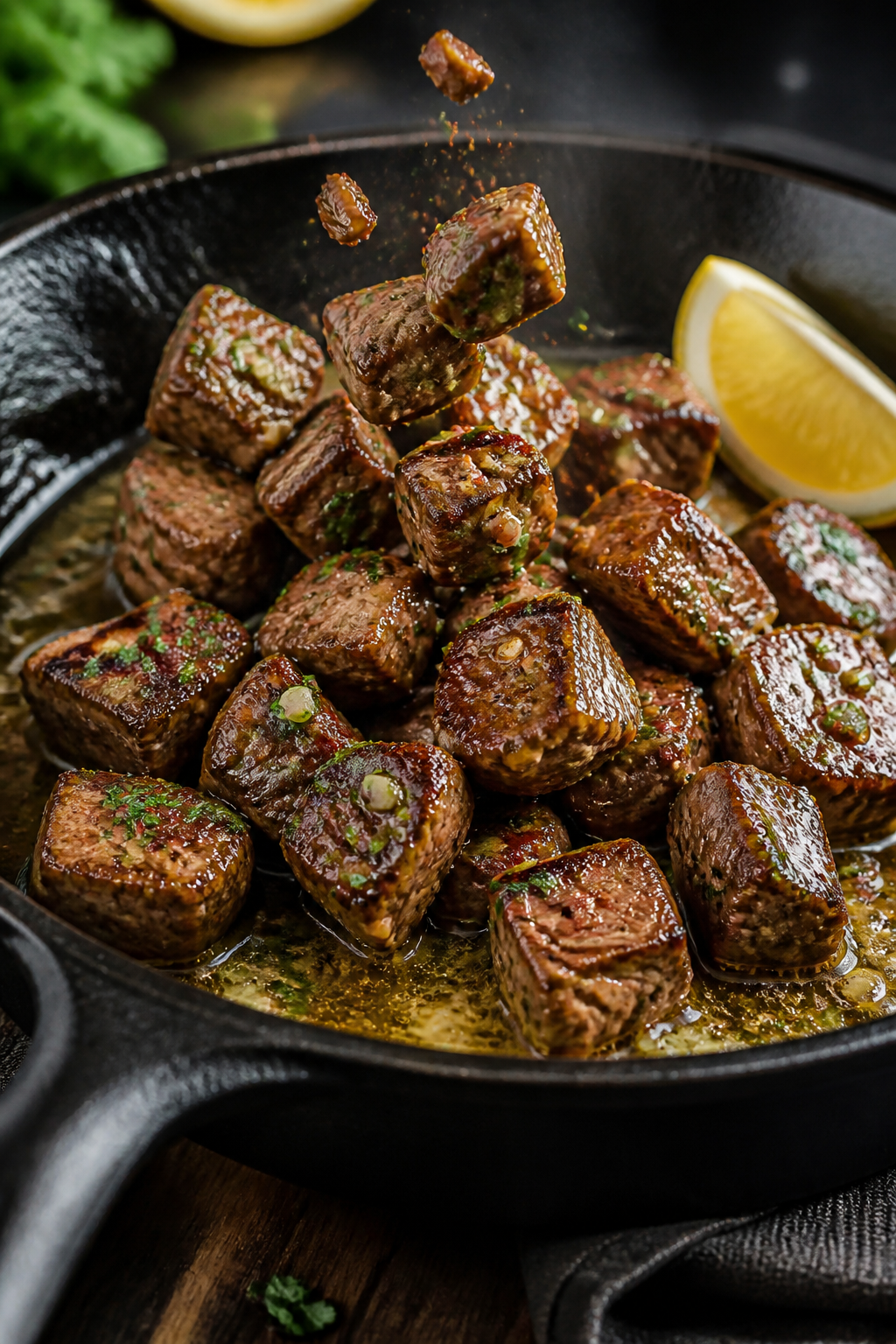 Close-up detail: Sizzling garlic butter steak bites in a cast-iron skillet mid-toss, cubes deeply ca