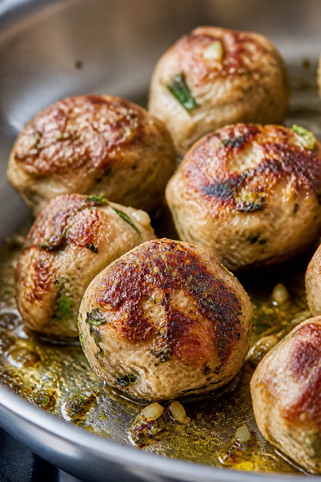 Close-up detail: Sizzling Greek turkey meatballs browning in a stainless-steel skillet, golden crust