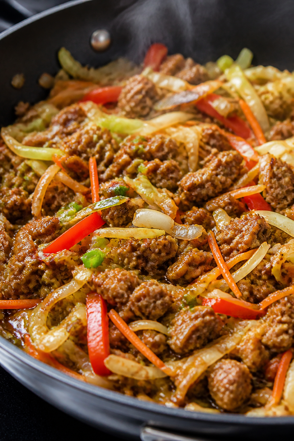 Close-up detail: Sizzling ground turkey egg roll in a bowl mid-cook in a wide skillet, turkey browne