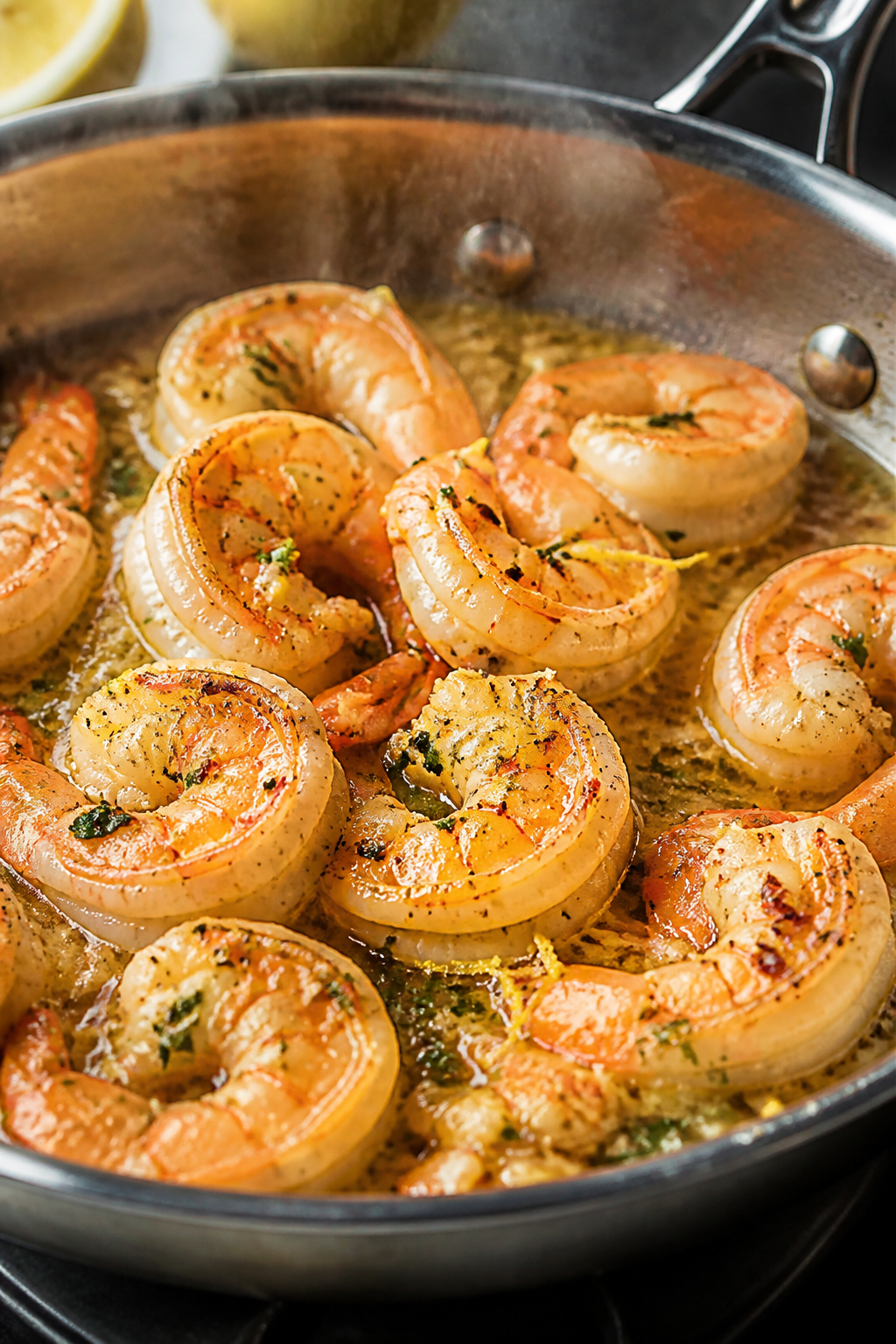 Close-up detail: Sizzling lemon-garlic shrimp just after searing in a stainless skillet, glossy butt
