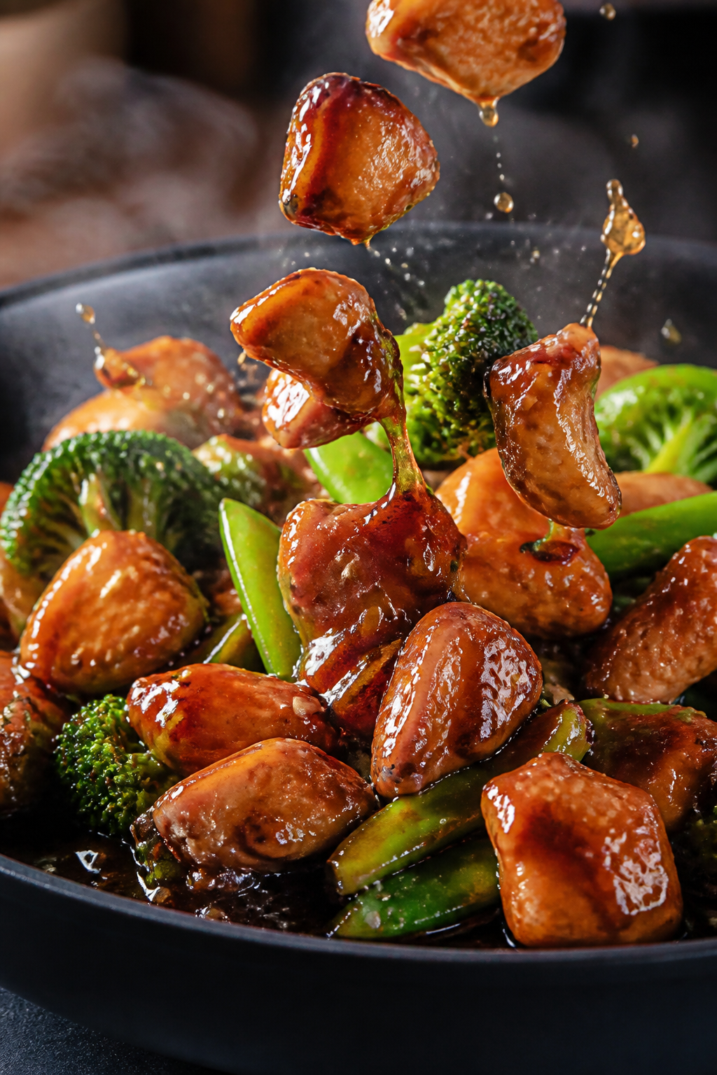 Close-up detail: Sizzling teriyaki chicken bites being tossed back into a skillet with glossy, thick