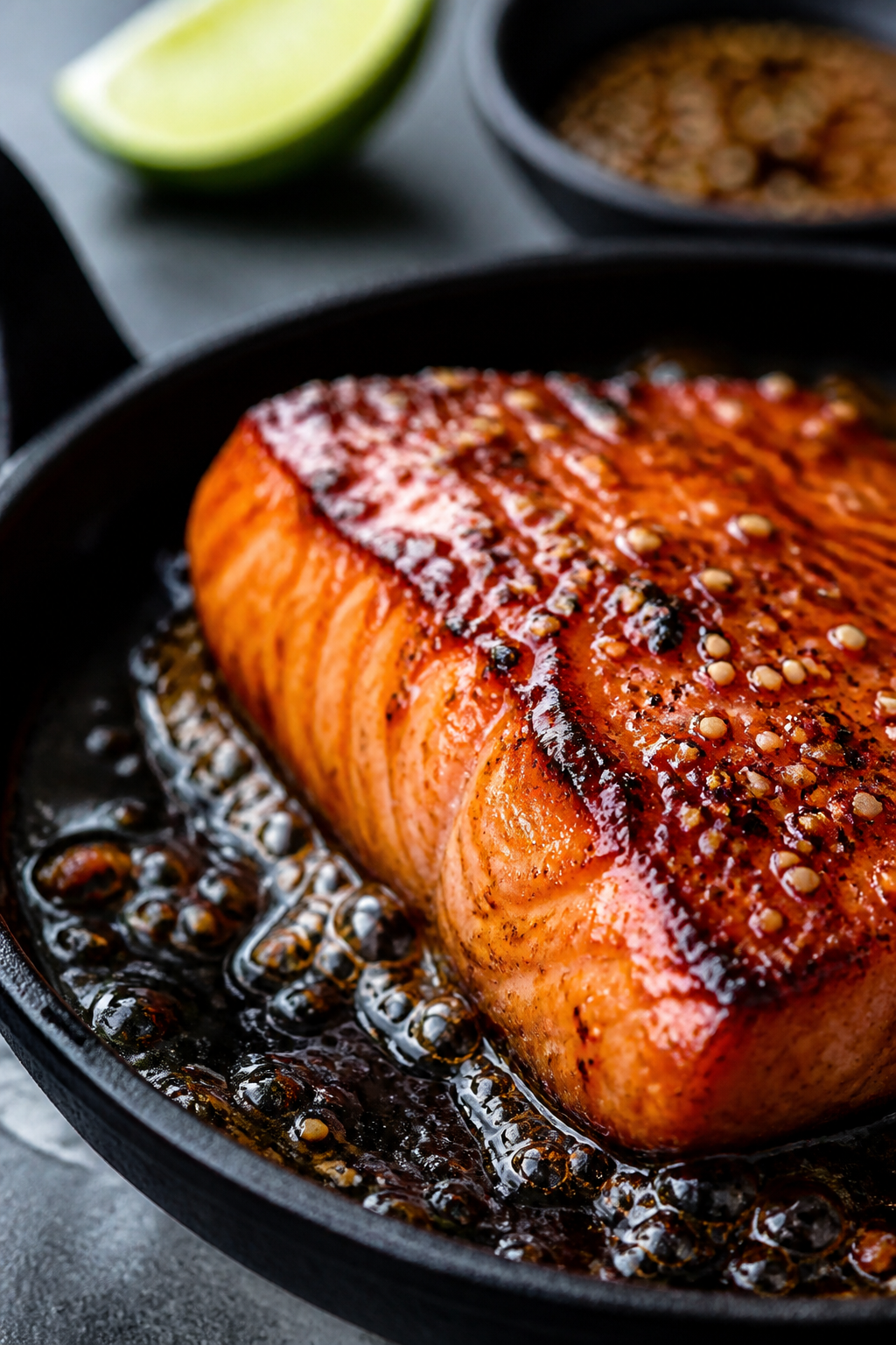 Close-up detail: Skillet-seared salmon fillet just after glazing, the hot honey–soy–rice vinegar