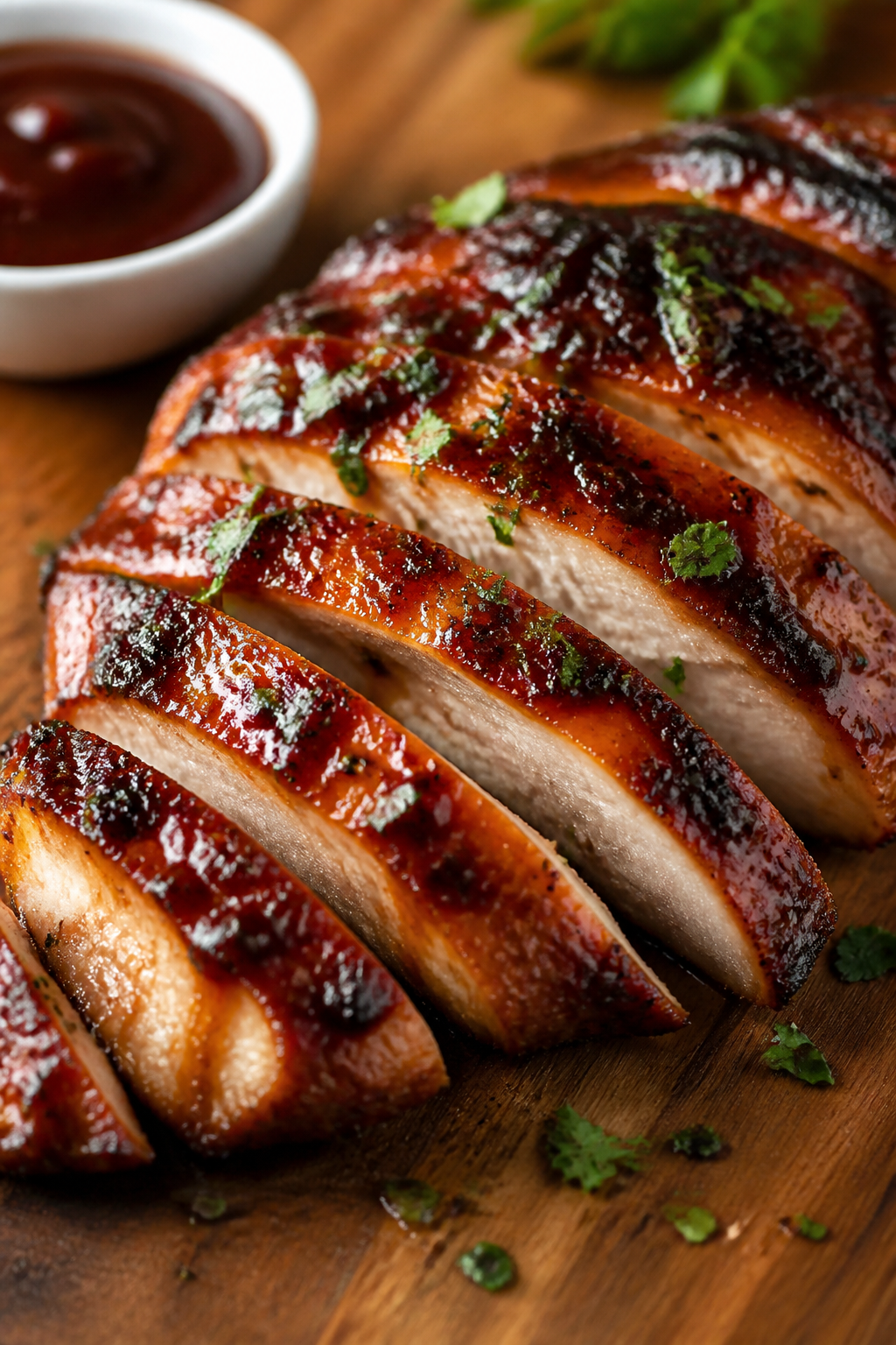 Close-up detail: Sliced BBQ chicken breast just off the grill, glistening with a light brush of redu
