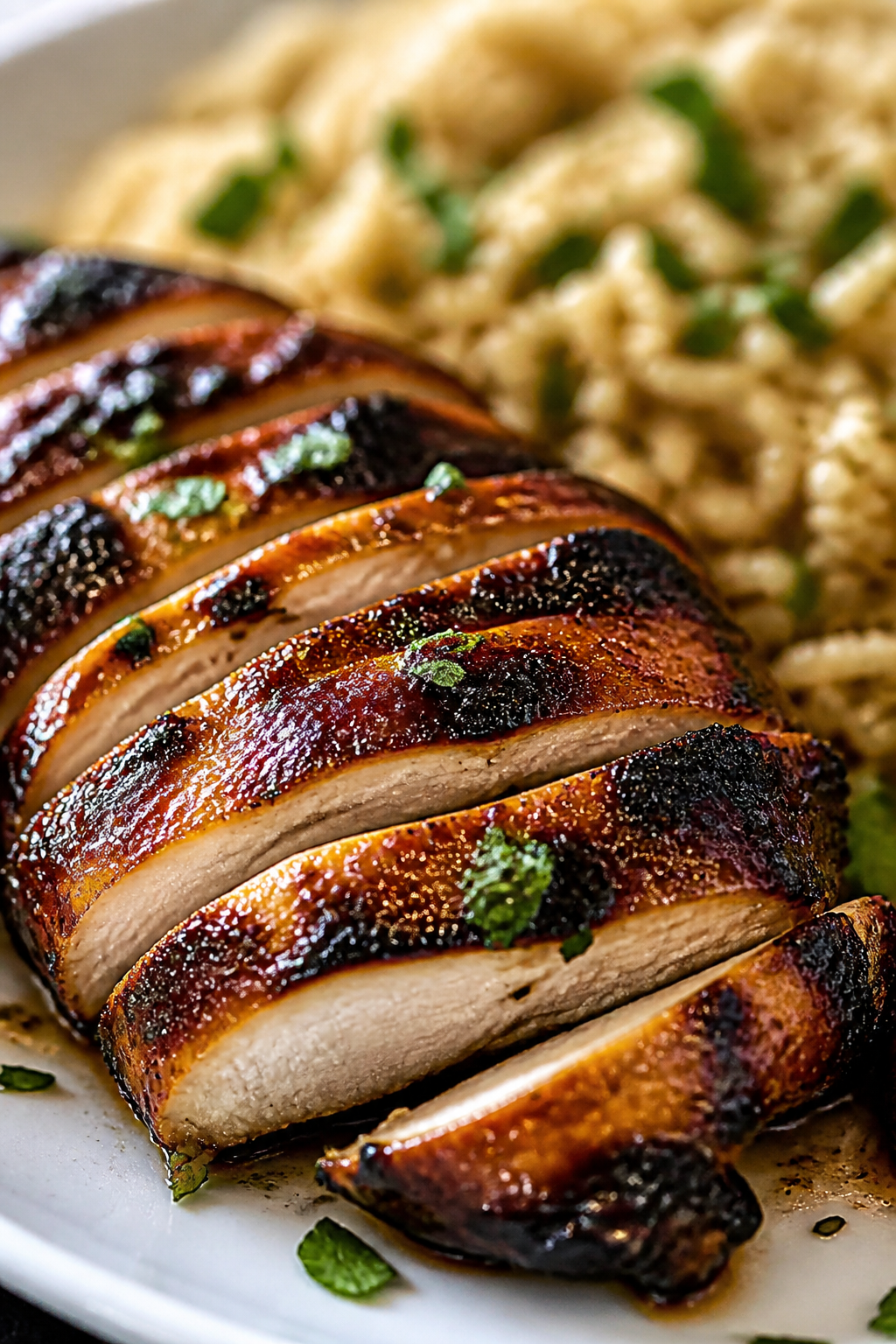 Close-up detail: Sliced BBQ-glazed chicken breast just off the grill, glistening with caramelized sa