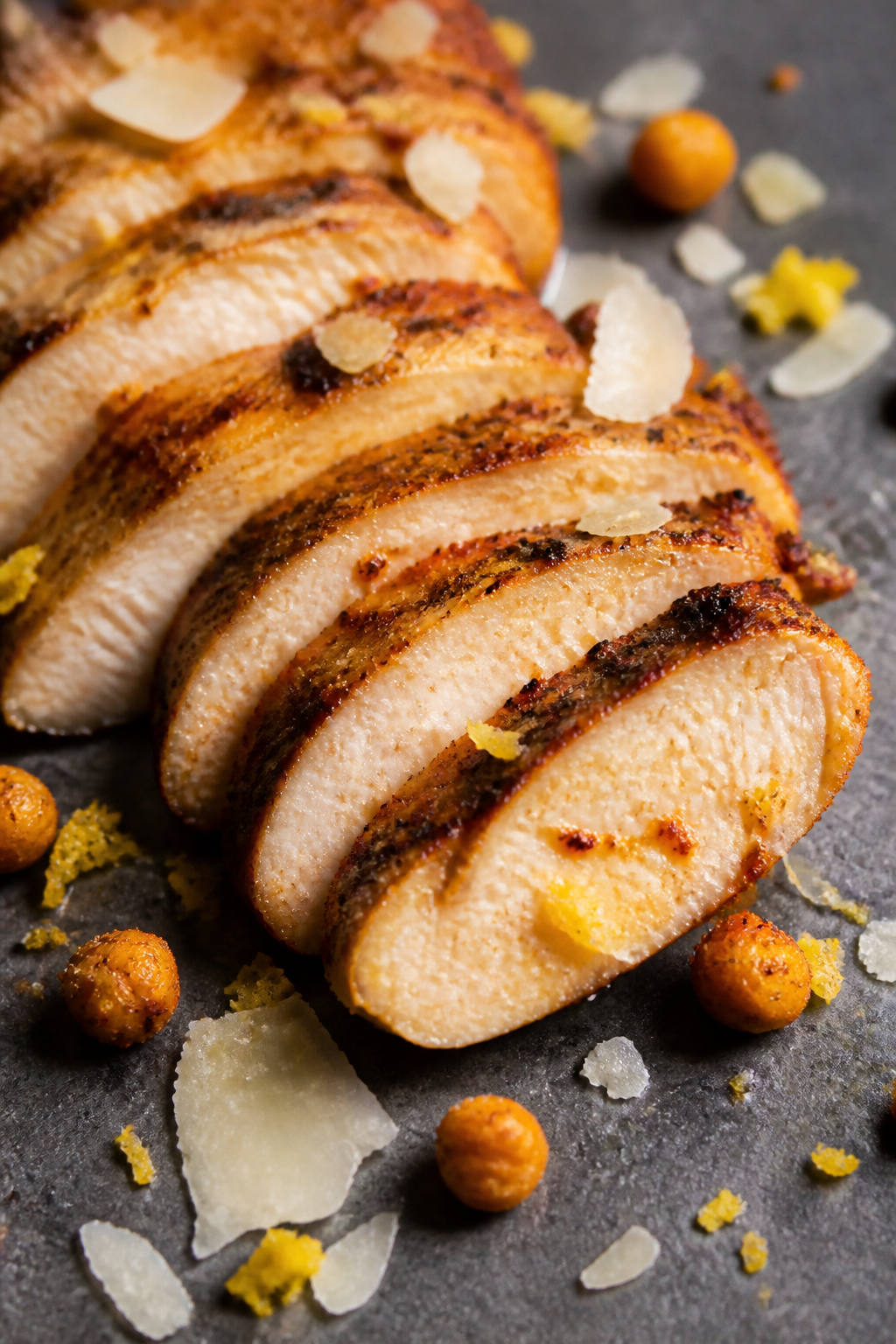 Close-up detail: Sliced grilled chicken breast resting after cooking, showing juicy interior with li
