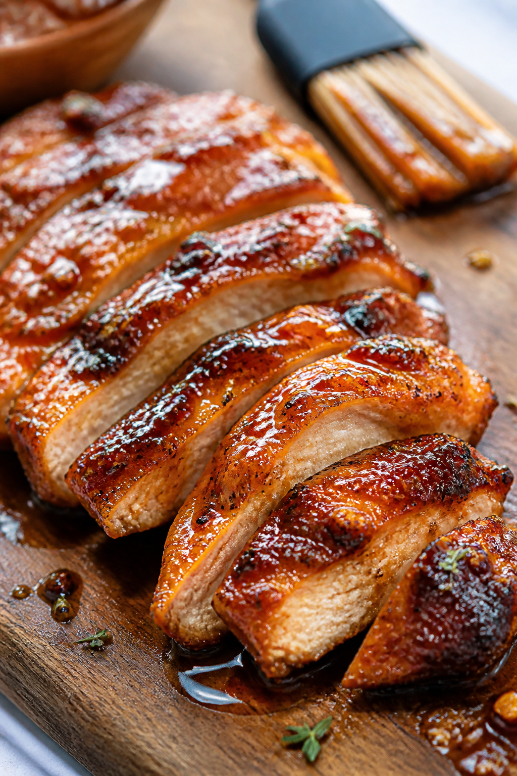 Close-up detail: Sliced hot honey–glazed chicken thighs just out of the oven, glossy amber glaze l