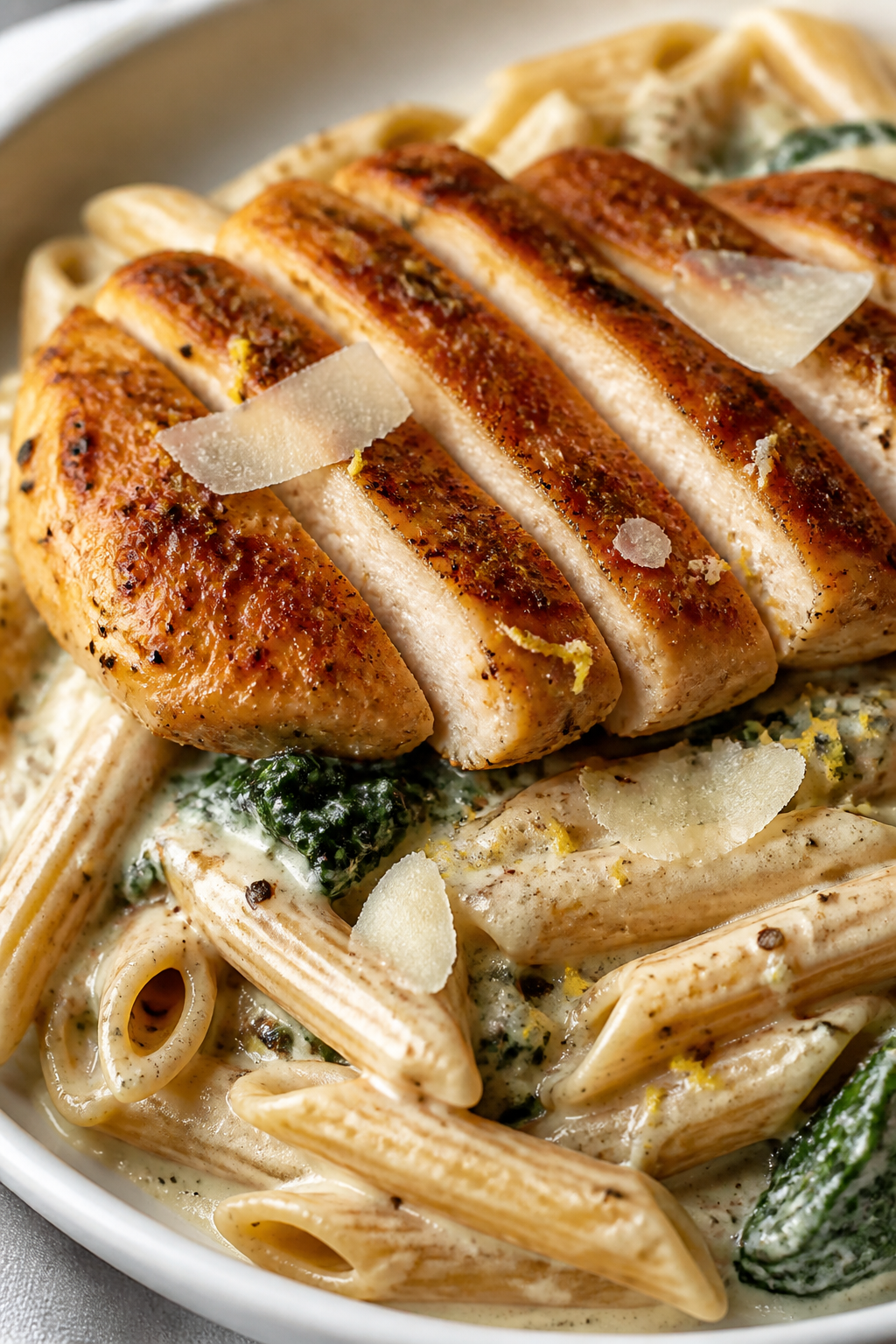 Close-up detail: Sliced pan-seared chicken breast just rested and fanned over glossy, al dente whole