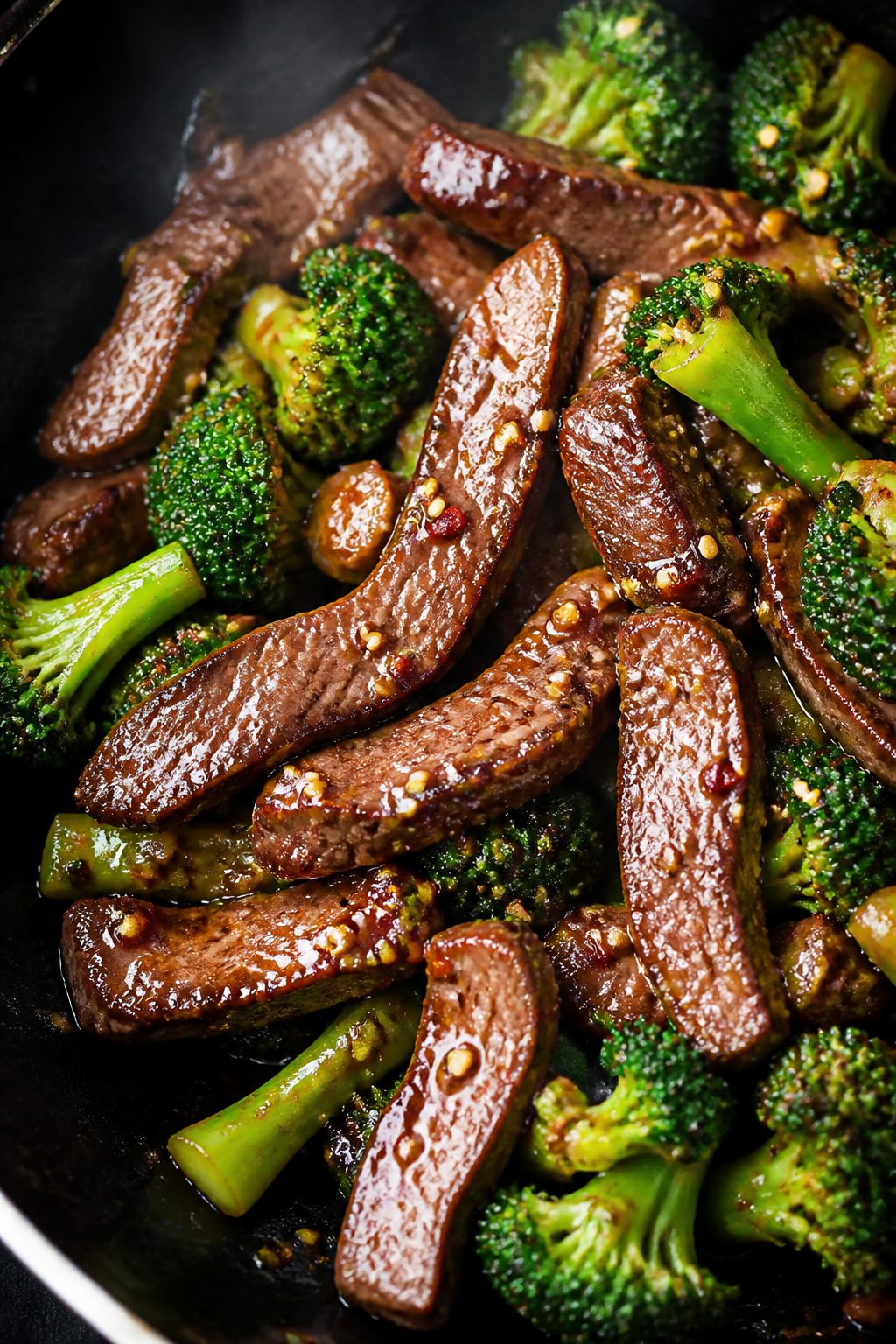Close-up detail: Slices of seared lean flank steak and crisp-tender broccoli tossed in a glossy soy-