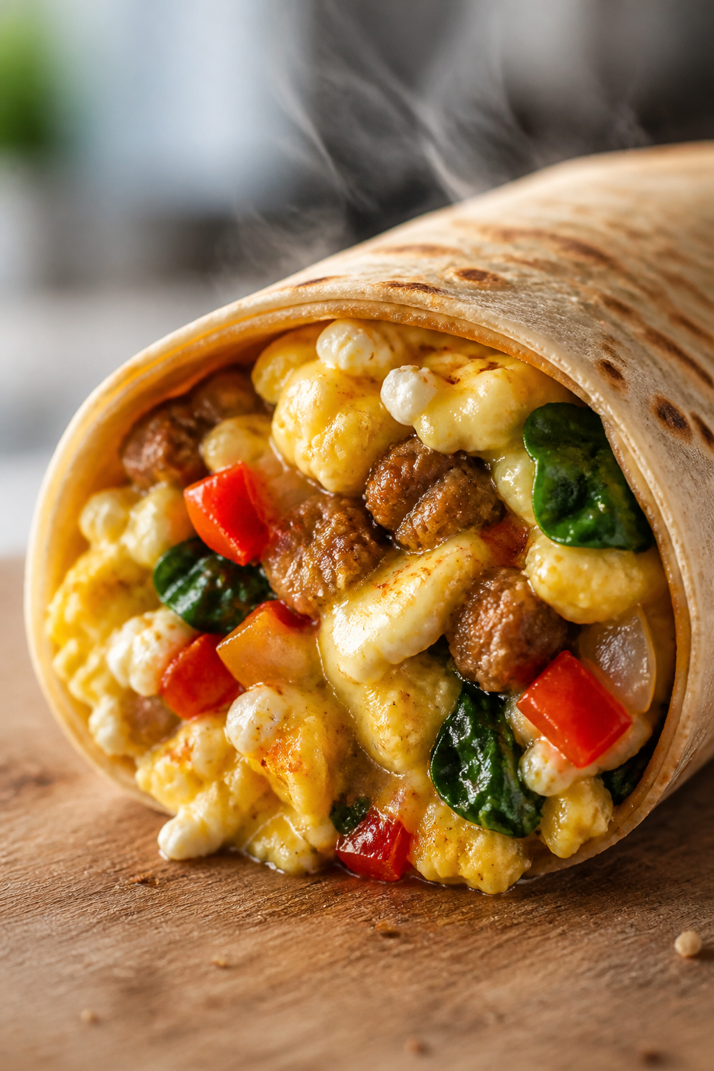 Close-up detail: Soft-scrambled egg filling with cottage cheese melting into fluffy curds, crumbled