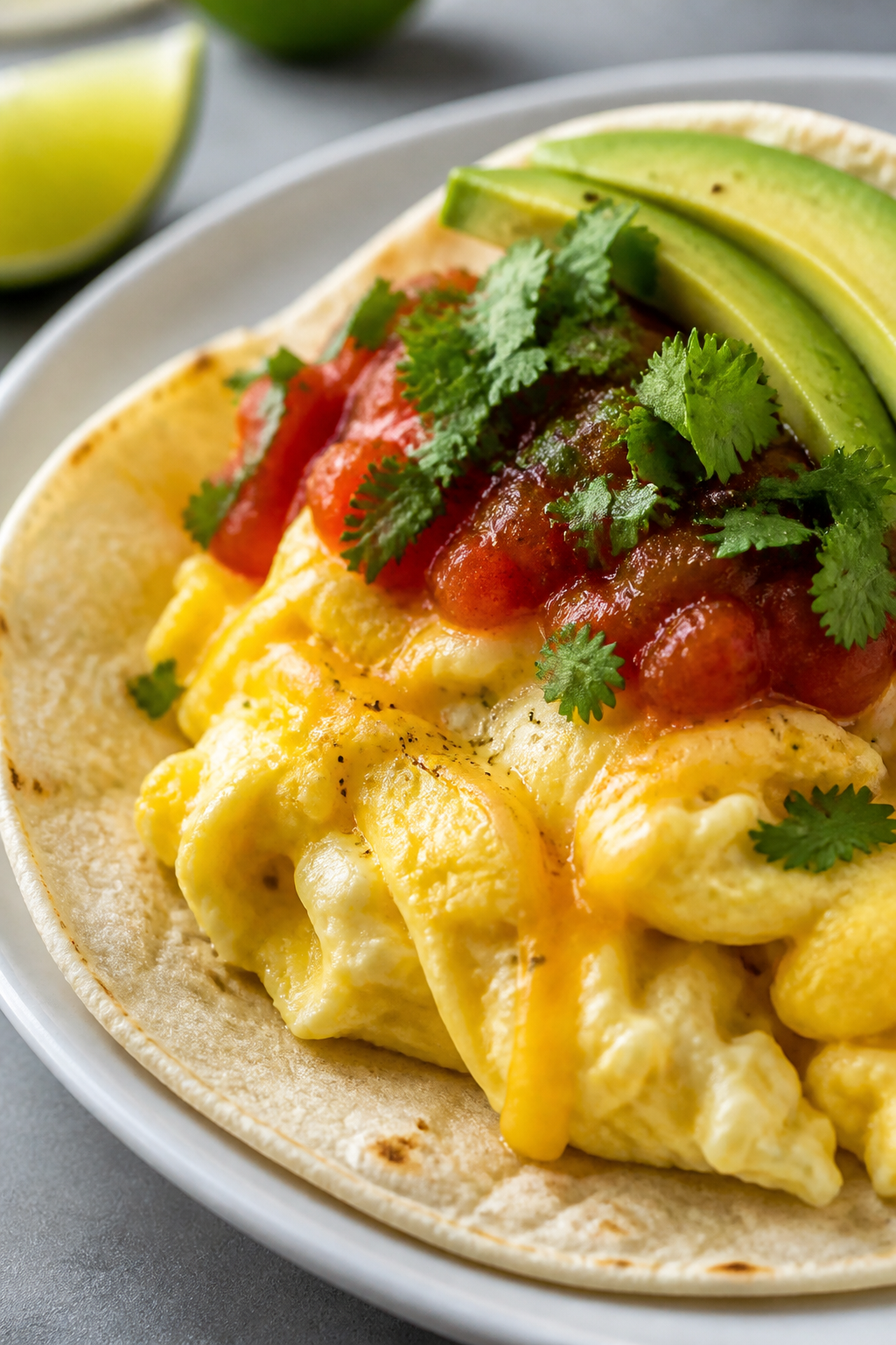 Close-up detail: Soft-scrambled eggs (with optional egg whites) just set and creamy, ribbons of melt