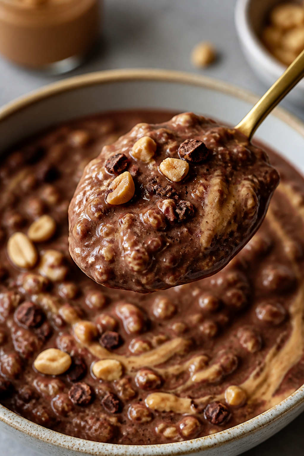 Close-up detail â Spoonful of finished chocolate peanut butter protein oatmeal lifted from a bowl: