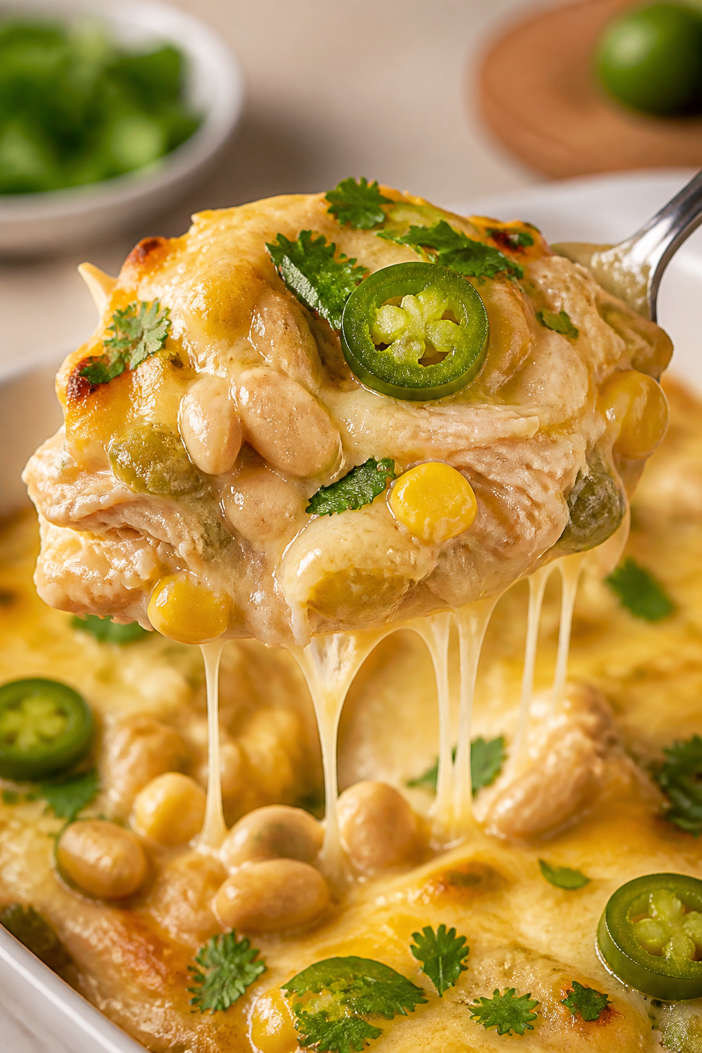 Close-up detail, spoonful shot: A heaping spoonful lifted from the baked White Chicken Chili Cassero