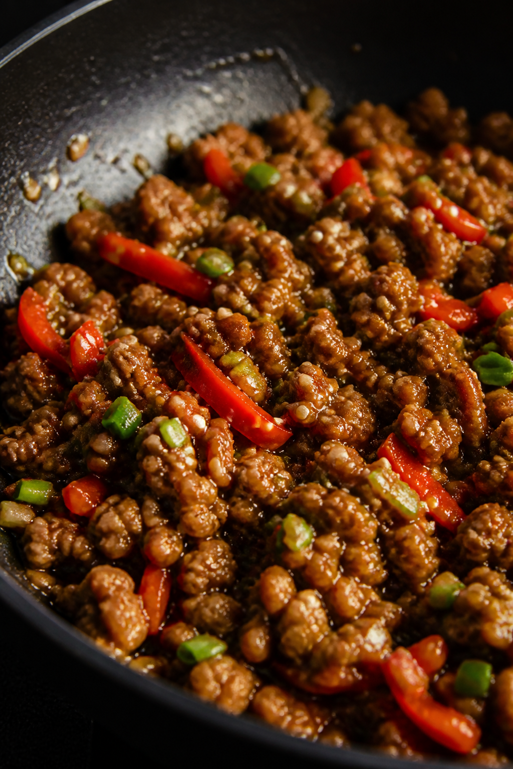 Close-up detail: Sticky glazed ground turkey sizzling in a dark nonstick skillet, sauce bubbling and