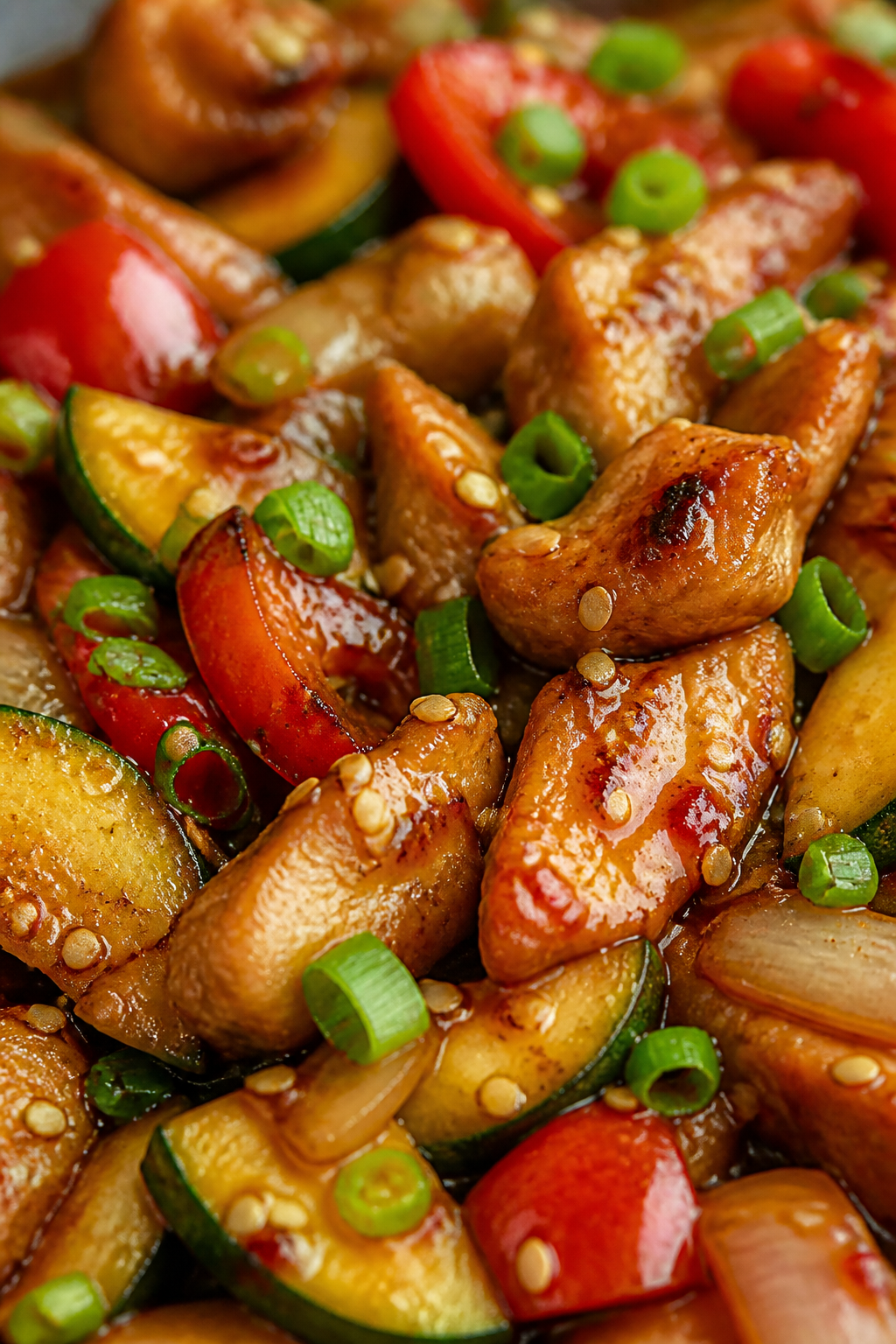 Close-up detail: Ultra-close shot of saucy chicken and zucchini half-moons coated in a glossy, cling