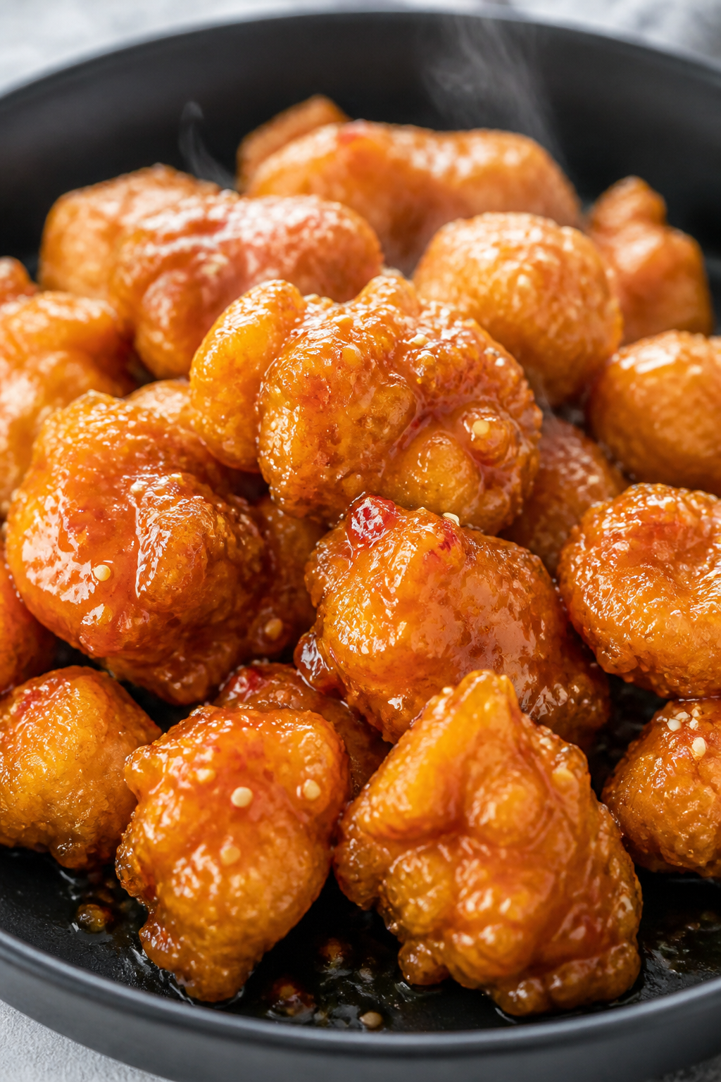 Close-up detail: Ultra-crispy cornstarch-coated chicken bites just after glazing, glistening in stic