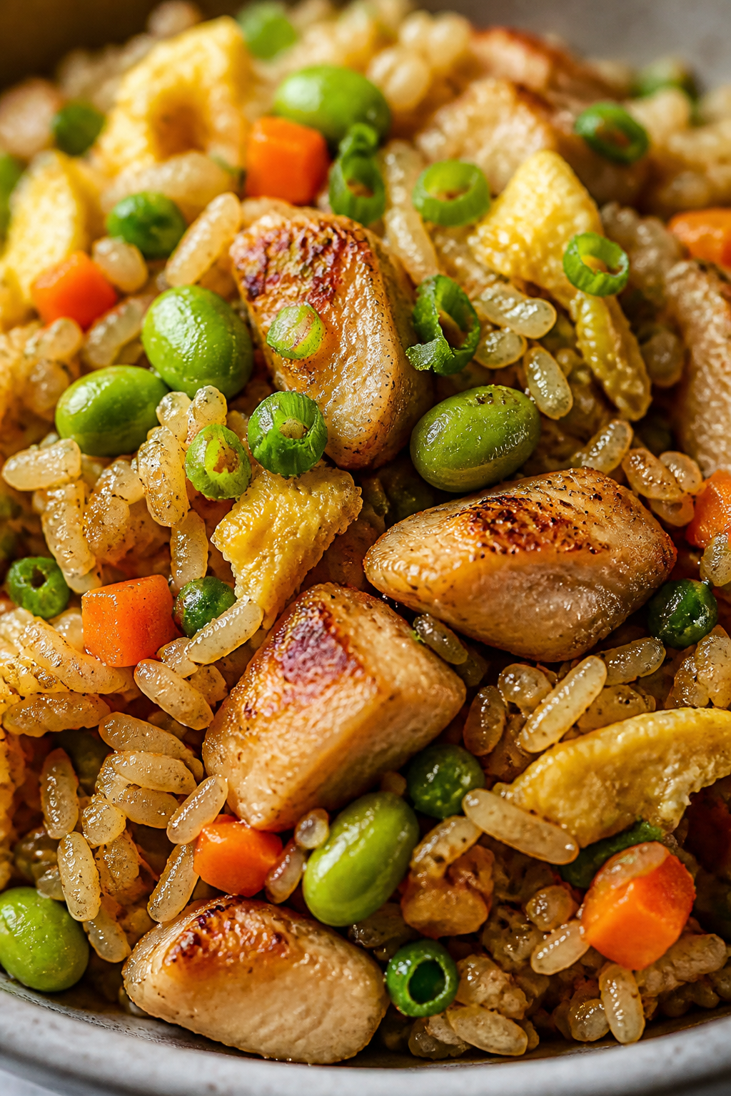 Close-up detail: Ultra-tight shot of golden, slightly crisp jasmine rice grains with seared chicken