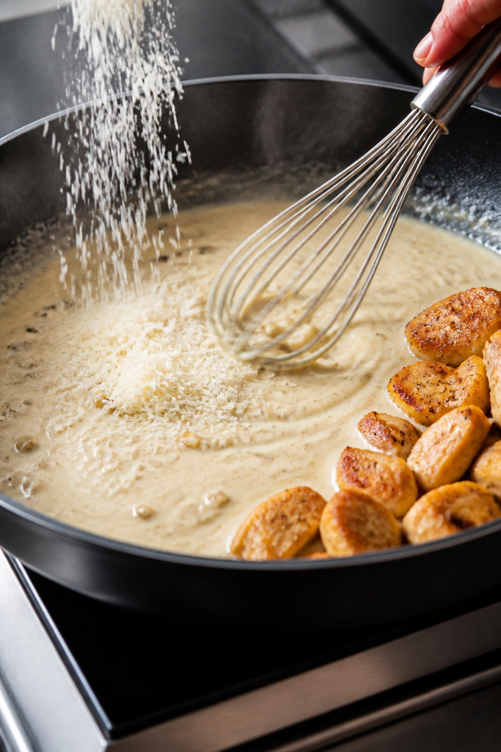 Cooking process action: In-skillet shot of the lighter Alfredo base being whisked to glossy thicknes