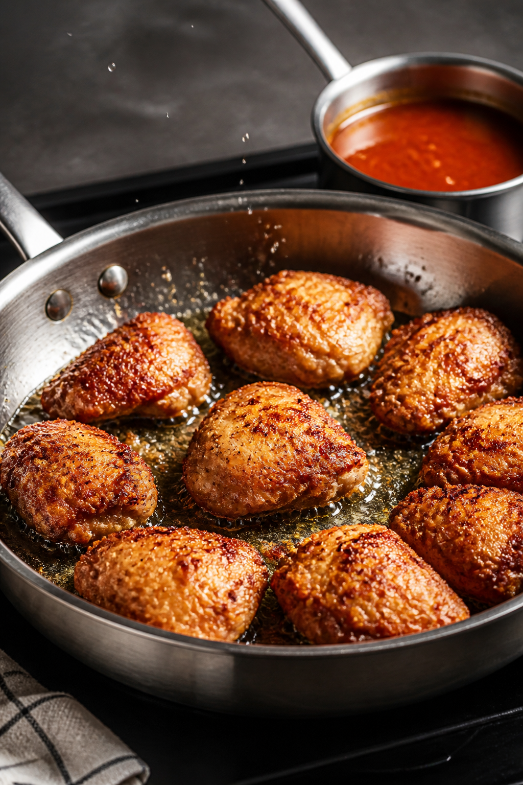 Cooking process: Action shot of chicken pieces pan-frying to golden crispness in a large stainless s