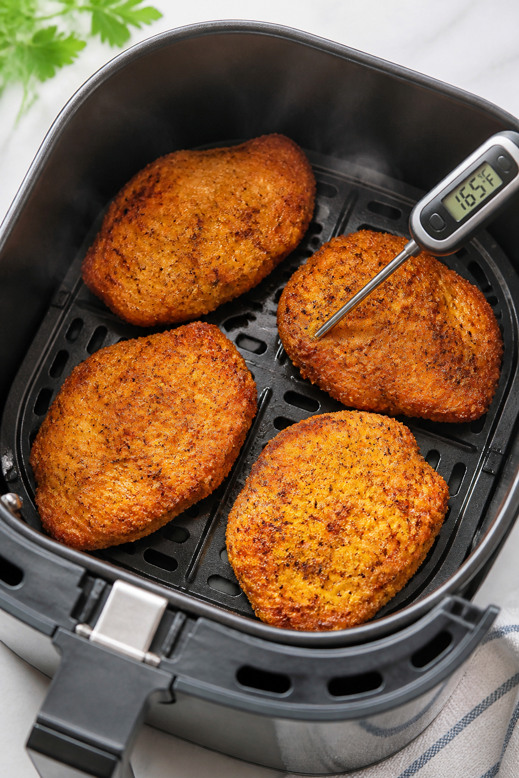 Cooking process: Air fryer basket arranged with four evenly spaced chicken cutlets mid-cook at 400°