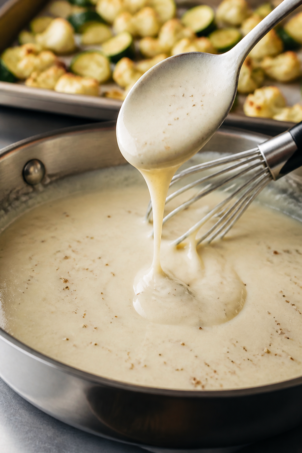 Cooking process: Alfredo sauce being finished in a skillet—silky, pourable cream sauce with melted
