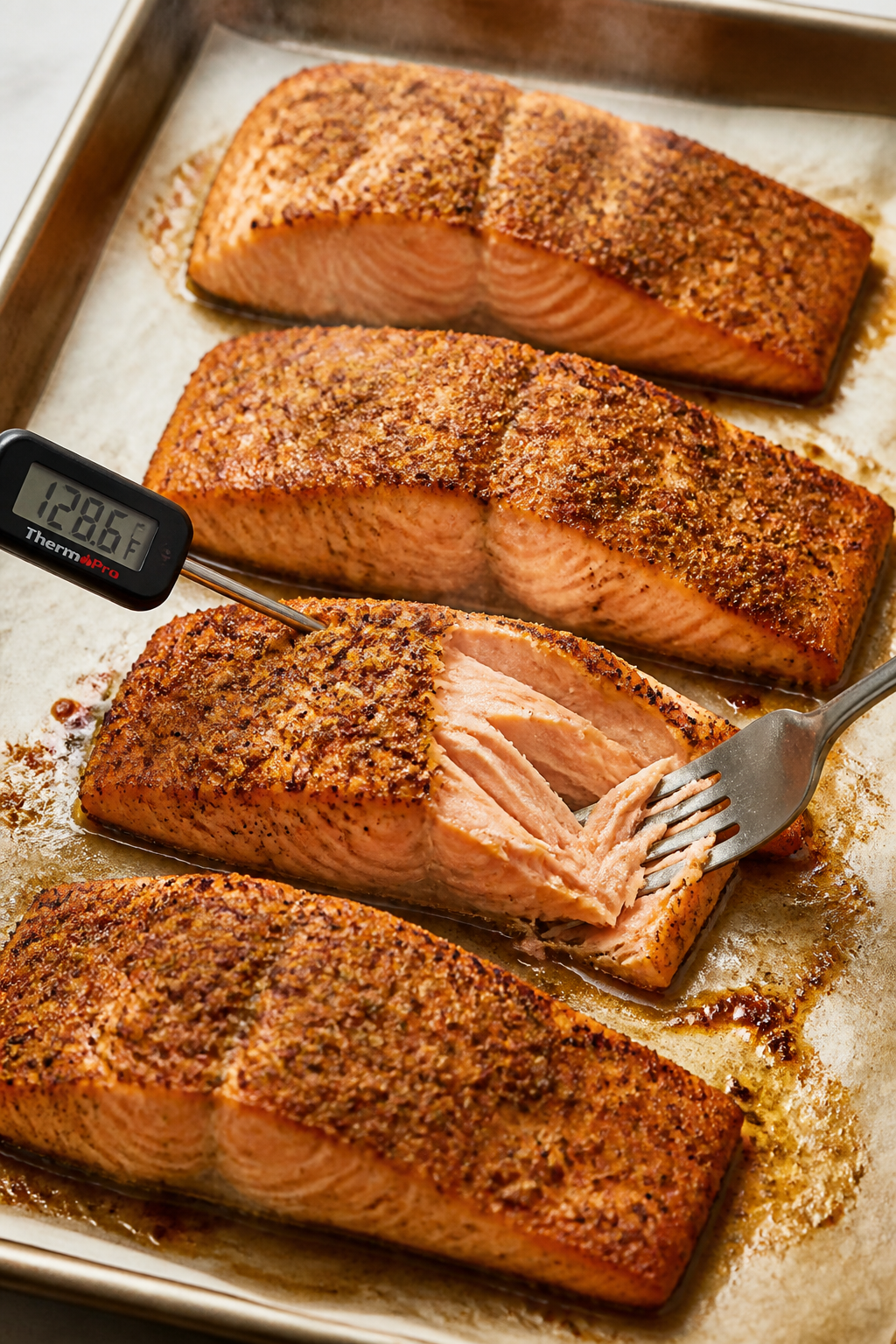 Cooking process: Broiler/oven finish of the salmon on a parchment-lined sheet pan at 425°F, overhea