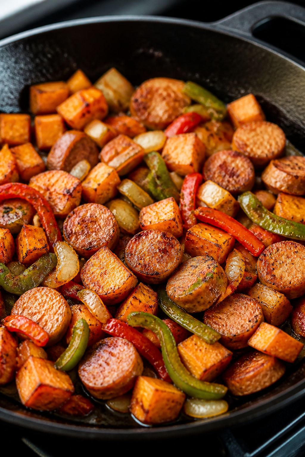 Cooking process – Chicken Sausage & Sweet Potato Hash sizzling in a large cast-iron skillet: golde