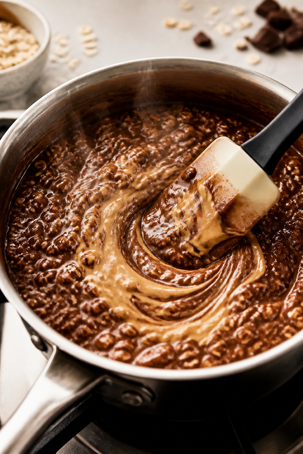 Cooking process â Chocolate peanut butter protein oatmeal simmering in a small saucepan: creamy ro