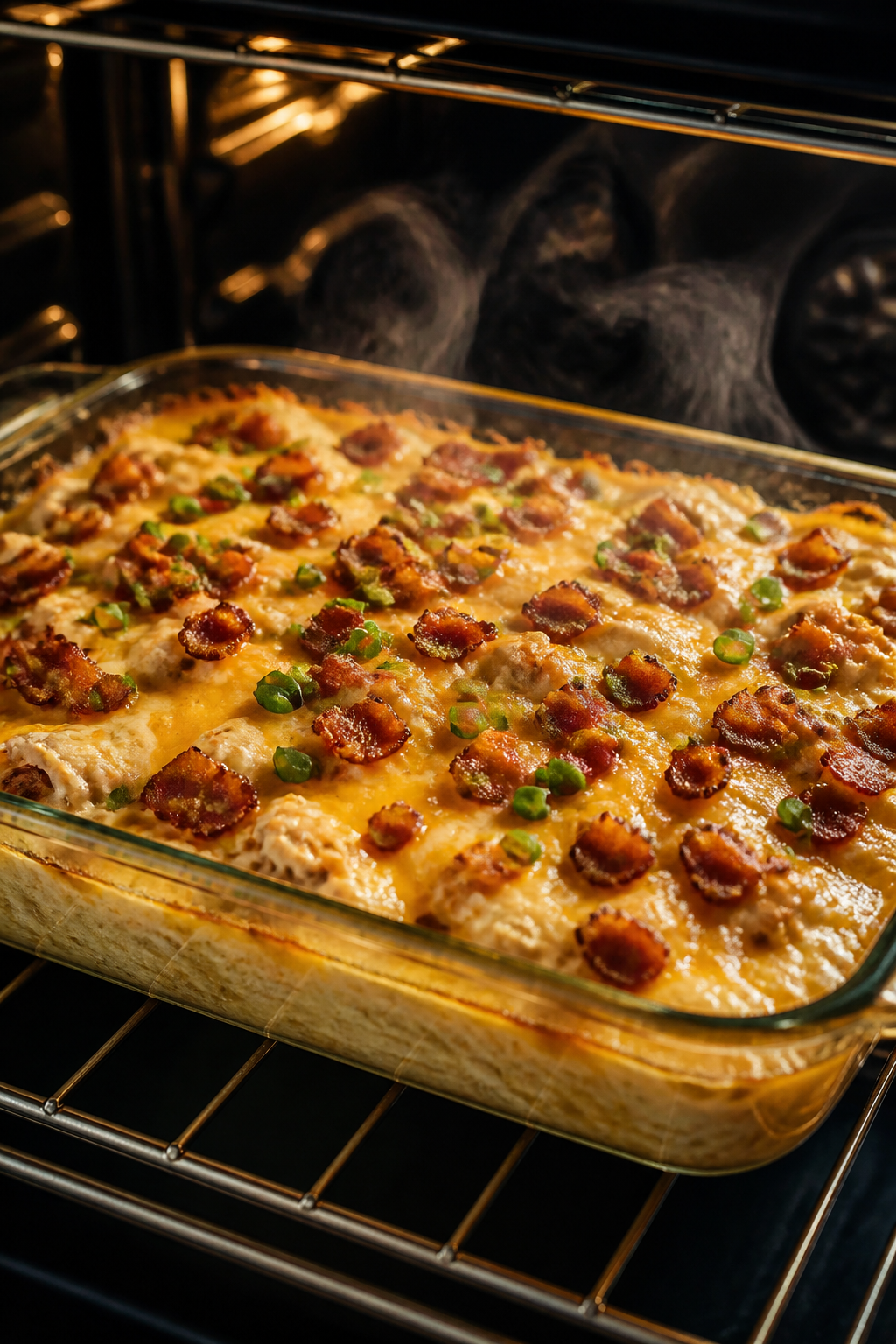 Cooking process close-up: A 9x13-inch baking dish on the center oven rack with the Crack Chicken Pro