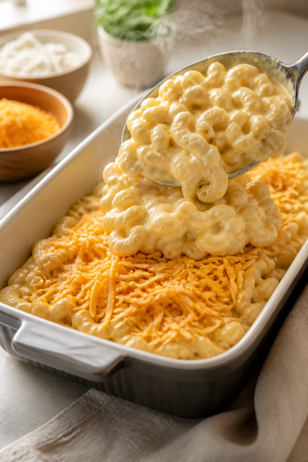 Cooking process close-up: A 9x13-inch baking dish halfway assembled with the Cottage Cheese Mac and 