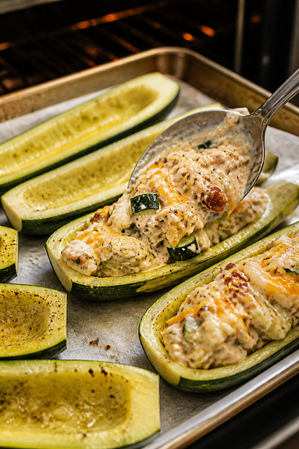 Cooking process close-up: A baking sheet of pre-baked zucchini boats coming out of a 400°F oven, ed