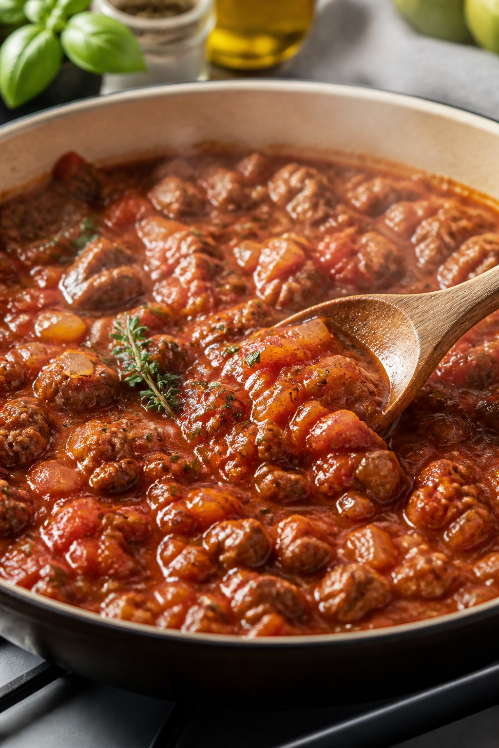 Cooking process close-up: A bubbling skillet of rich marinara meat sauce with browned crumbles of It