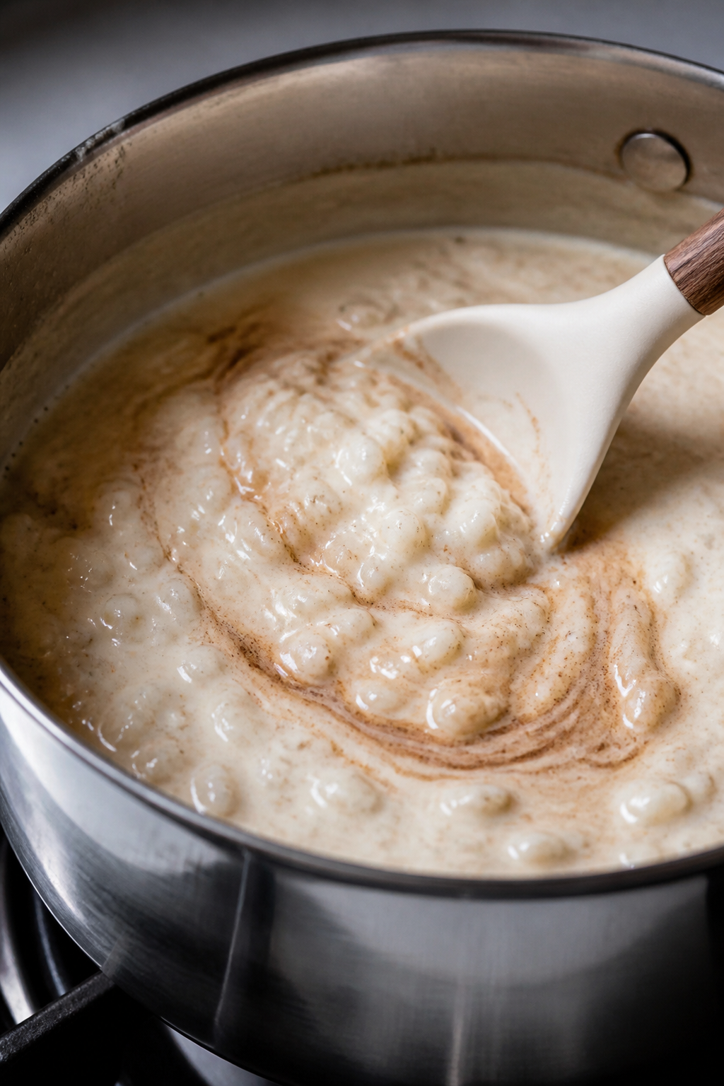 Cooking process close-up: A medium saucepan on the stovetop over gentle steam, showing creamy, cooke