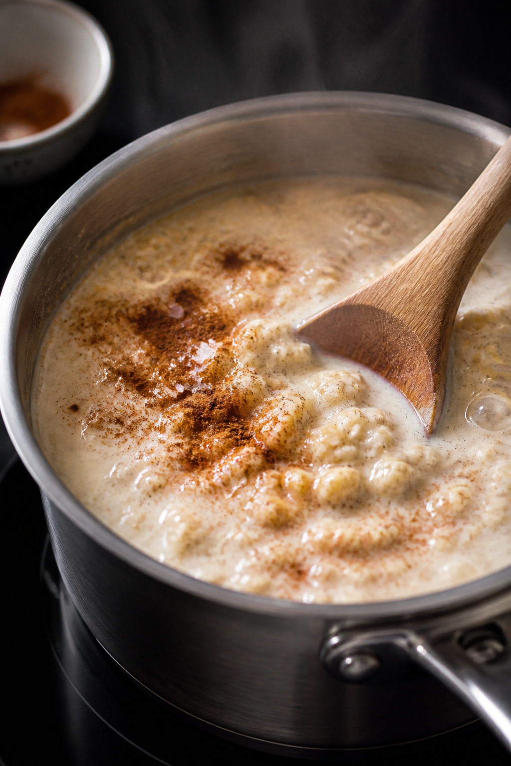 Cooking process close-up: A small saucepan of simmering rolled oats and milk on medium heat, creamy