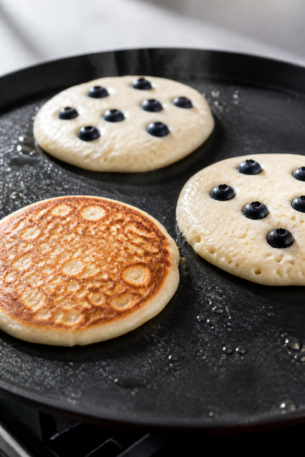 Cooking process close-up: A trio of cottage cheese protein pancakes on a nonstick griddle mid-cook o