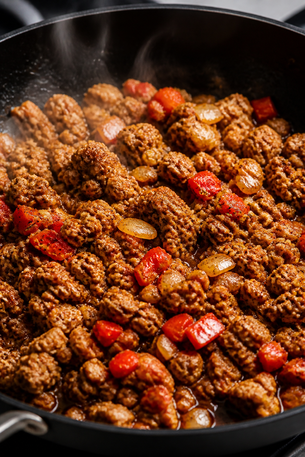 Cooking process, close-up action: Close-up of browned ground turkey with sautƩed diced onion, red b